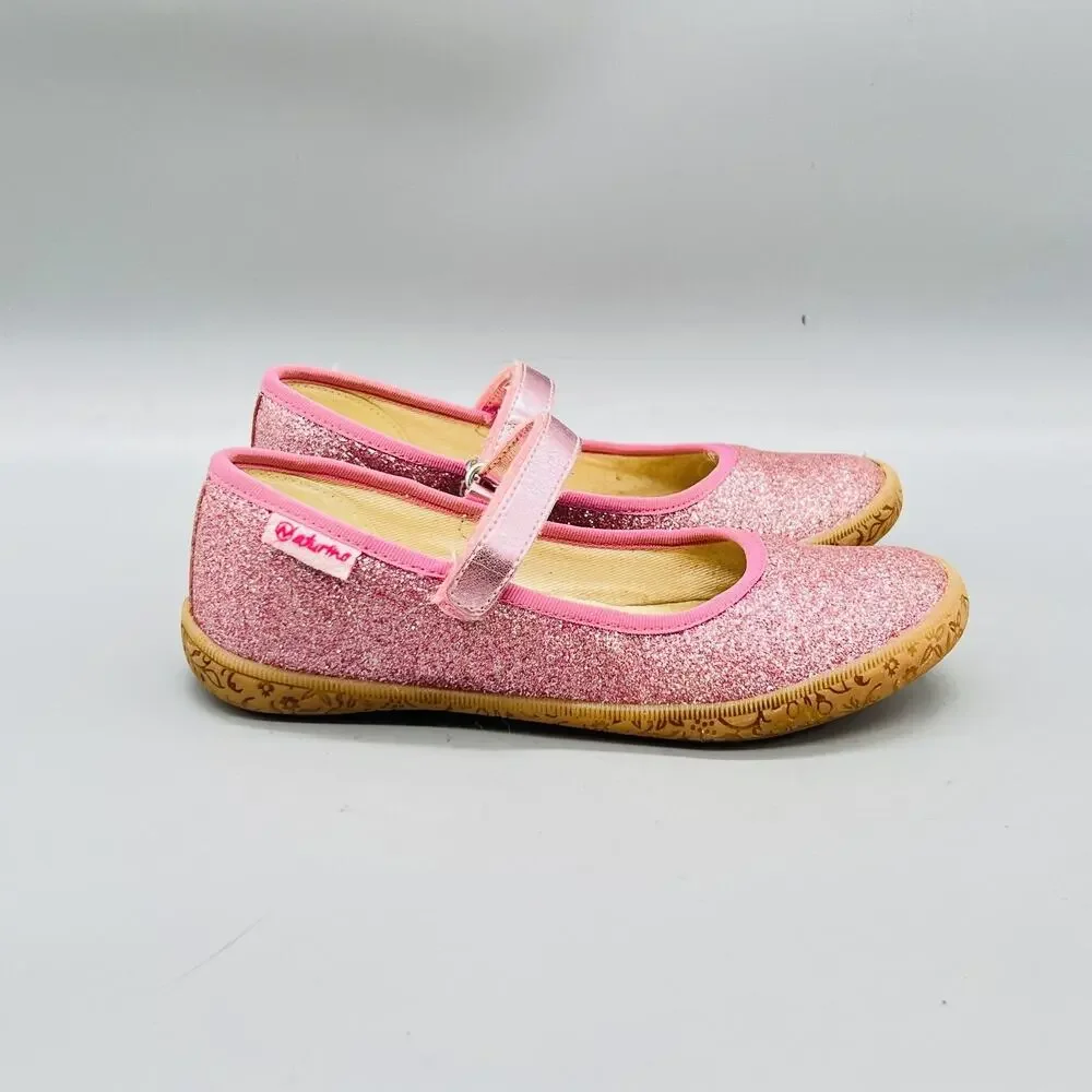 Naturino Shoes Girls 13 Pink Glitter Mary Jane Hook & Loop Strap Flats Casual